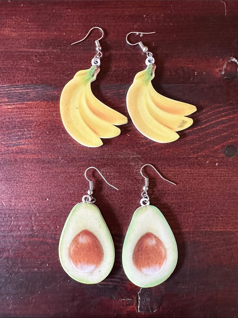 Novelty Fruit Dangle Earrings - Yellow Banana & Green Avocado Set